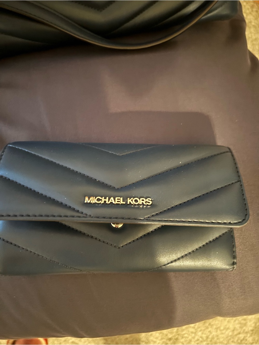 MICHAEL KORS Quilted Navy Leather Continental Wallet with Gold Logo
